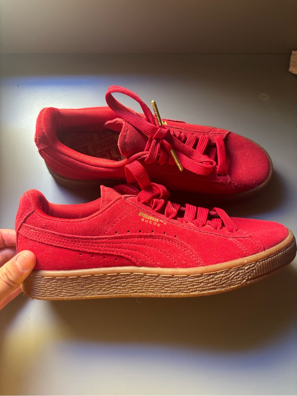 Puma Kids Suede Sneakers in Red with Gum Sole